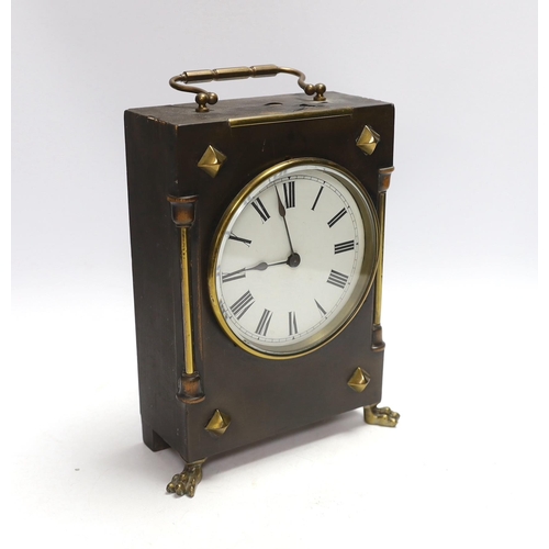 416 - A small late 19th century ebonised mantel timepiece with studded case, 26cm