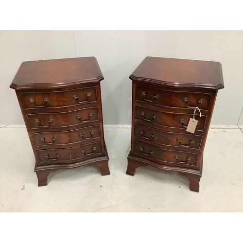 43 - A pair of reproduction four drawer mahogany serpentine bedside chests, width 40cm, depth 35cm, heigh... 