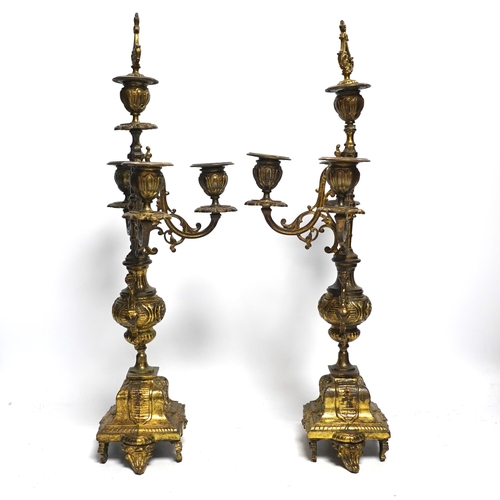 443 - A pair of Victorian gilt brass candelabra, 51cm high