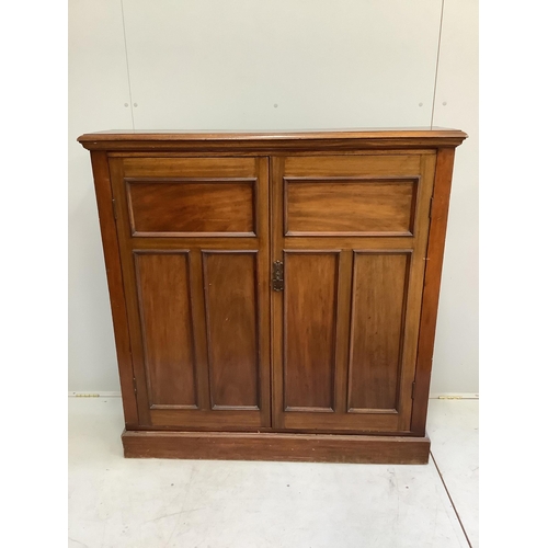 45 - An Edwardian mahogany two door side cabinet, (loose plinth), width 124cm, depth 29cm, height 126cm... 