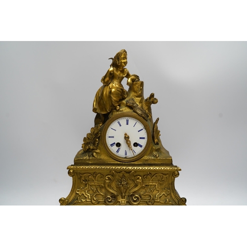 456 - A mid 19th century French ormolu figural mounted clock with silk suspension, with key, 36cm