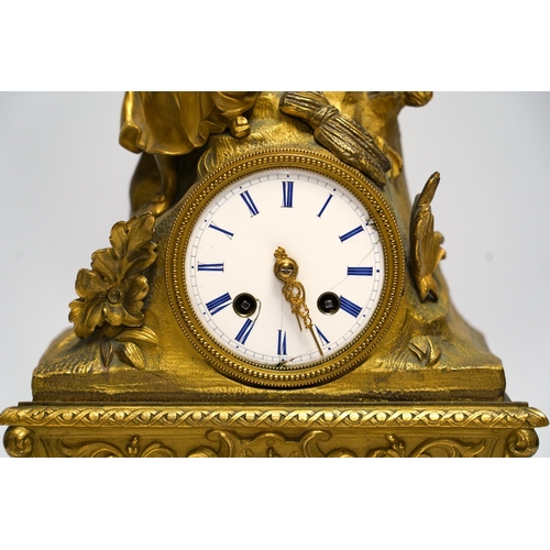 456 - A mid 19th century French ormolu figural mounted clock with silk suspension, with key, 36cm