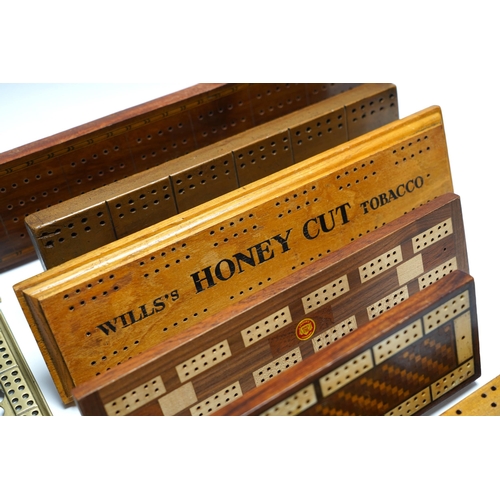 458 - Nine cribbage boards including a horn example, 'Wills Tobacco' advertising and bone and marquetry ex... 