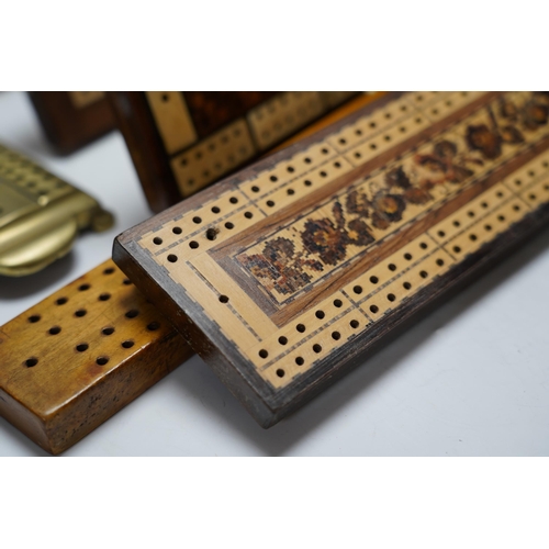 458 - Nine cribbage boards including a horn example, 'Wills Tobacco' advertising and bone and marquetry ex... 