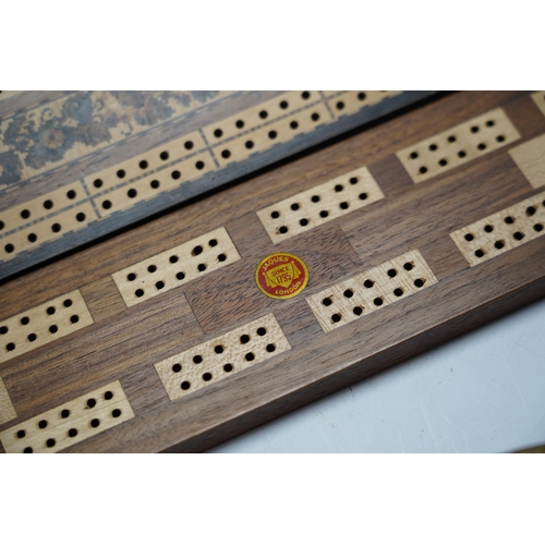 458 - Nine cribbage boards including a horn example, 'Wills Tobacco' advertising and bone and marquetry ex... 