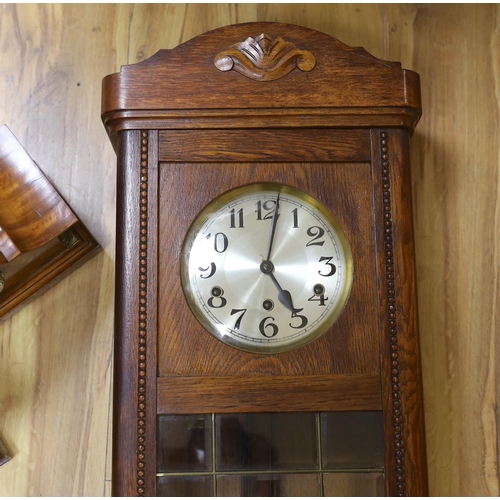 472 - Two mantel clocks including an Edwardian inlaid balloon example  and a wall clock, largest 80cm high... 