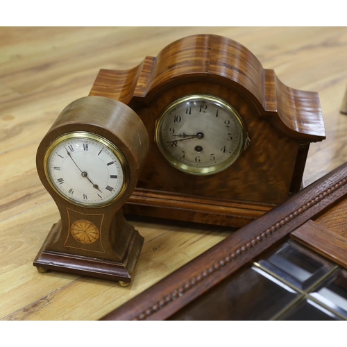 472 - Two mantel clocks including an Edwardian inlaid balloon example  and a wall clock, largest 80cm high... 