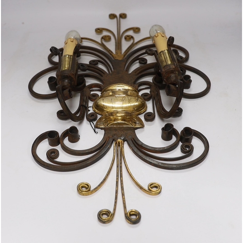 483 - A Maison Bagues wrought iron and glass wall light, 50cm high