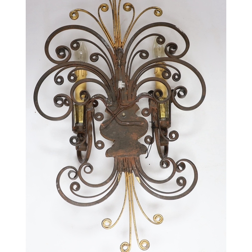 483 - A Maison Bagues wrought iron and glass wall light, 50cm high