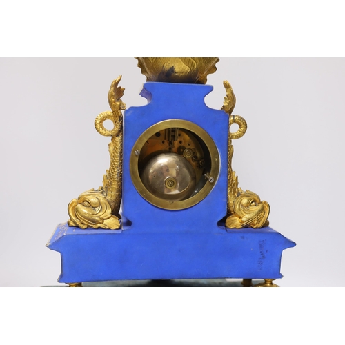 488 - A 19th century French porcelain and gilt mantel clock under glass dome, striking on a bell, the face... 