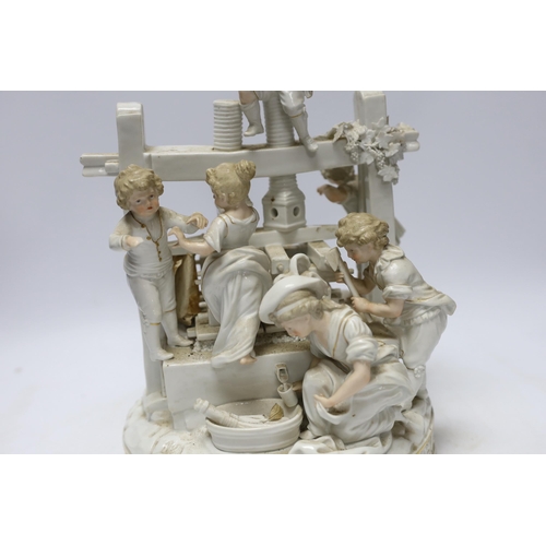 498 - A late 19th century German white glazed porcelain group, The Wine Press, after a Meissen origina... 