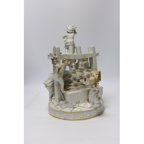 498 - A late 19th century German white glazed porcelain group, The Wine Press, after a Meissen origina... 