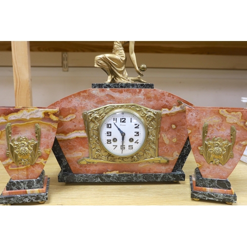 499 - An early 20th century French rouge marble and gilt metal clock garniture, with key and pendulum, 49c... 