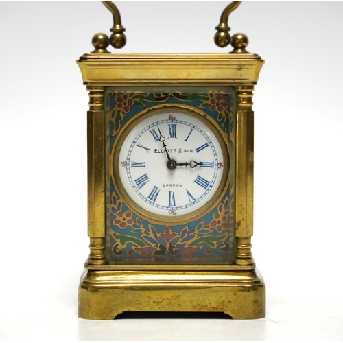 520 - A miniature French brass carriage clock, with champlevé enamel panels, face signed Elliott & Son, Lo... 