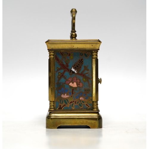 520 - A miniature French brass carriage clock, with champlevé enamel panels, face signed Elliott & Son, Lo... 