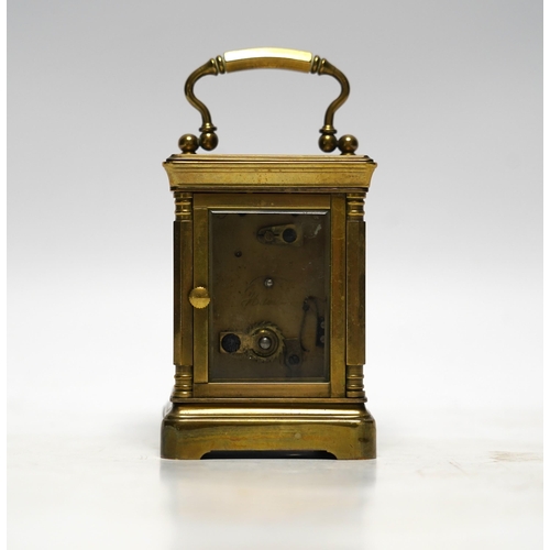 520 - A miniature French brass carriage clock, with champlevé enamel panels, face signed Elliott & Son, Lo... 