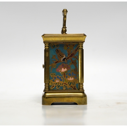 520 - A miniature French brass carriage clock, with champlevé enamel panels, face signed Elliott & Son, Lo... 