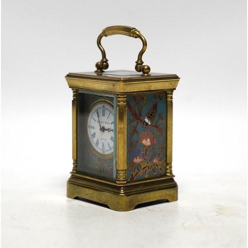 520 - A miniature French brass carriage clock, with champlevé enamel panels, face signed Elliott & Son, Lo... 