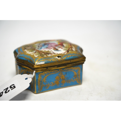 524 - A South Staffordshire enamel bodkin case, 9cm wide, and three other enamel items; a patch box, threa... 