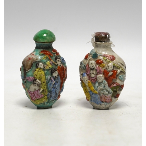 529 - Two 19th century Chinese moulded and enamelled porcelain eight immortals snuff bottles, largest 8c... 