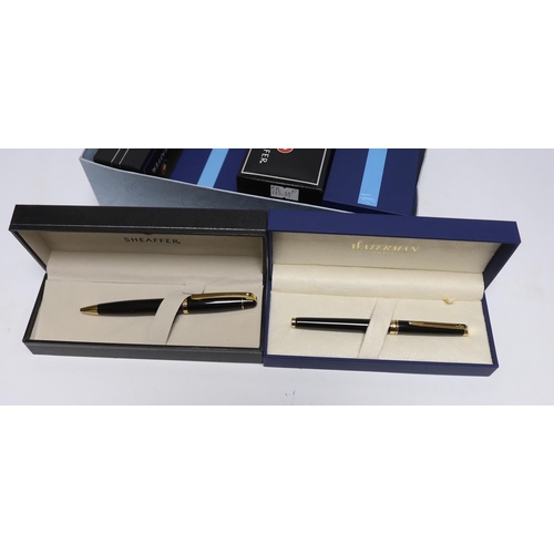 530 - Eight boxed Waterman and Sheaffer pens; two Expert Ballpoint pens, two Hemisphere Ballpoint pens, a ... 