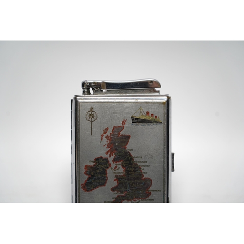 540 - A large chrome Calibri chrome lighter and combination cigarette case with a map of the UK and a ship... 