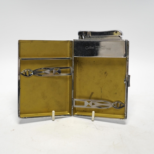 540 - A large chrome Calibri chrome lighter and combination cigarette case with a map of the UK and a ship... 