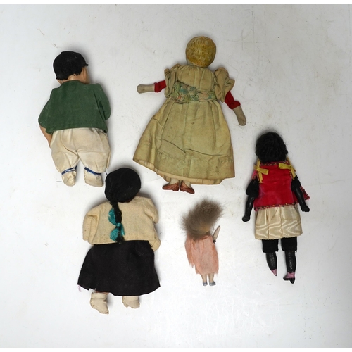 545 - Five various small world dolls, two celluloid and three bisque/china, largest 15cm high