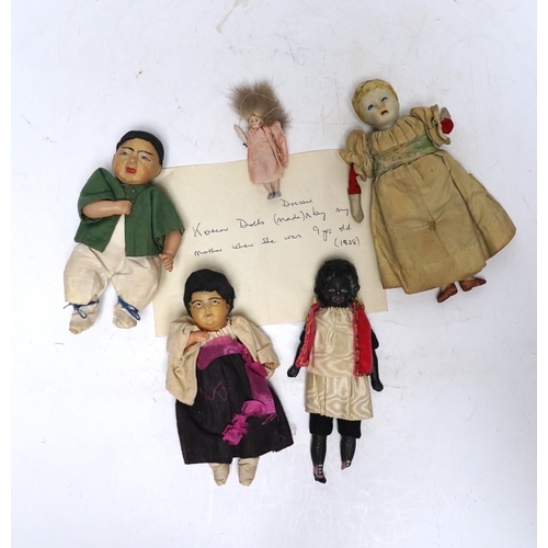 545 - Five various small world dolls, two celluloid and three bisque/china, largest 15cm high