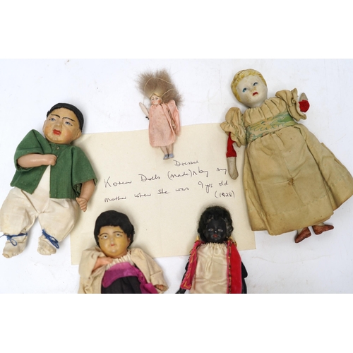 545 - Five various small world dolls, two celluloid and three bisque/china, largest 15cm high