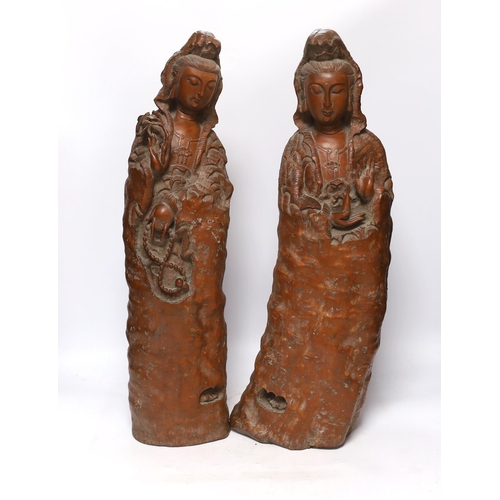 563 - Two large Chinese rootwood figures of Guanyin, 57cm high