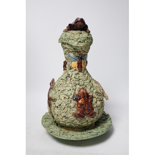 572 - A Palissy style Mafra, Caldas Da Rainha Majolica lidded ewer and stand, 34cm high