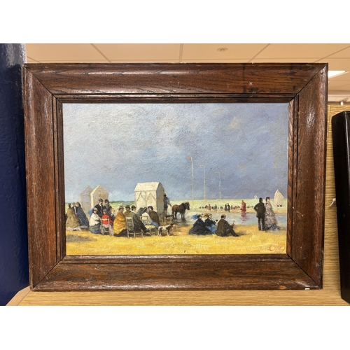 739 - Manner of Eugenie Boudin (French, 1824-1898), Impressionist oil on canvas board, Beach scene with fi... 