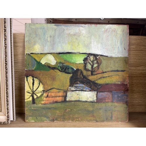 743 - Abstract oil on canvas board, Ashton Vale Bristol, unsigned, inscribed verso, 38 x 39cm, unframed... 