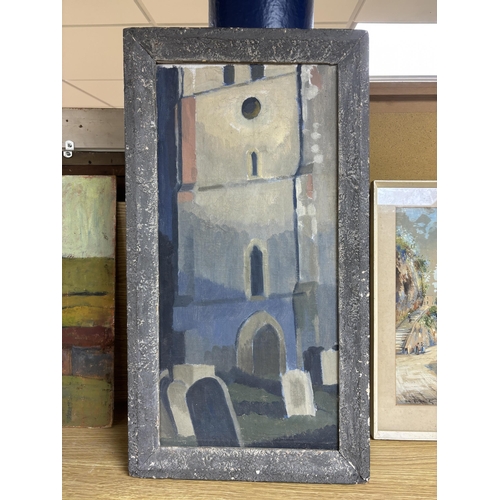 744 - Roland Sherwin, oil on canvas, Meopham Church, unsigned, inscribed verso, 47 x 22cm