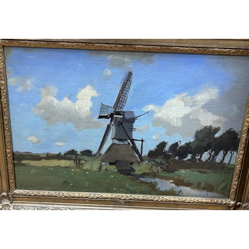 748 - Egnatius Ydema (Dutch, 1876-1937), two impressionist oils on board, Windmill and Wetlands, each sign... 