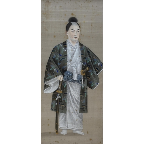 754 - Japanese School, pair of watercolours on silk, Full length studies of figures wearing traditional dr... 