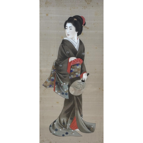 754 - Japanese School, pair of watercolours on silk, Full length studies of figures wearing traditional dr... 