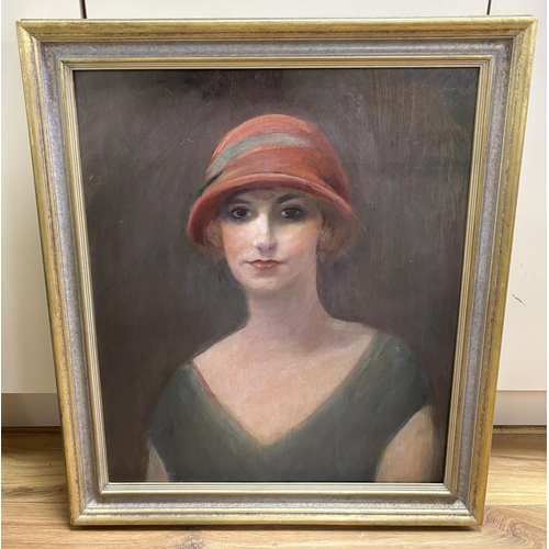 758 - Oil on board, possibly Danish, Head and shoulders portrait of an Art Deco woman, 59 x 50cm