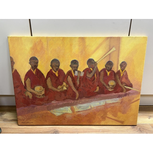 760 - Anne-Catherine Phillips (20th. C), oil on canvas, Buddhist monks, signed, 50 x 70cm, unframed