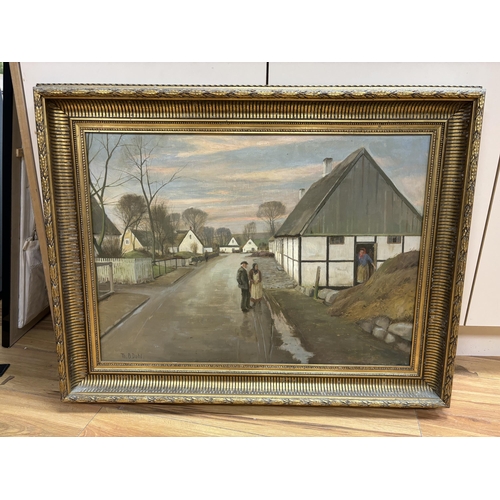 763 - Theodore Dahl (1886-1971), oil on canvas, Street scene with cottages and figures, signed, details ve... 