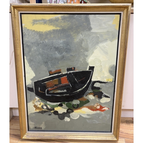 764 - Andre Minaux (French, 1923-1986), oil on canvas, Beached fishing boat, signed, 75 x 55cm