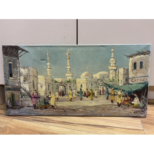 774 - Mirelli, Orientalist style impasto oil on canvas, Market scene with figures, signed, 40 x 80cm, unfr... 