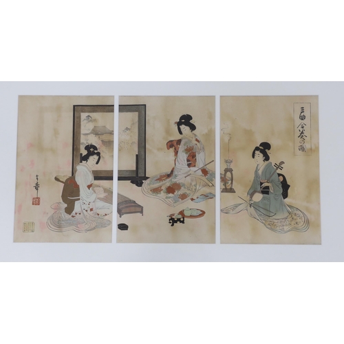 800 - Japanese School, pair of triptych woodblock prints, Females wearing kimonos, 34 x 70cm