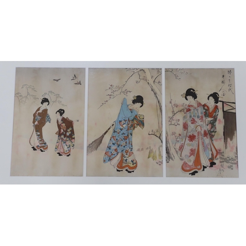 800 - Japanese School, pair of triptych woodblock prints, Females wearing kimonos, 34 x 70cm