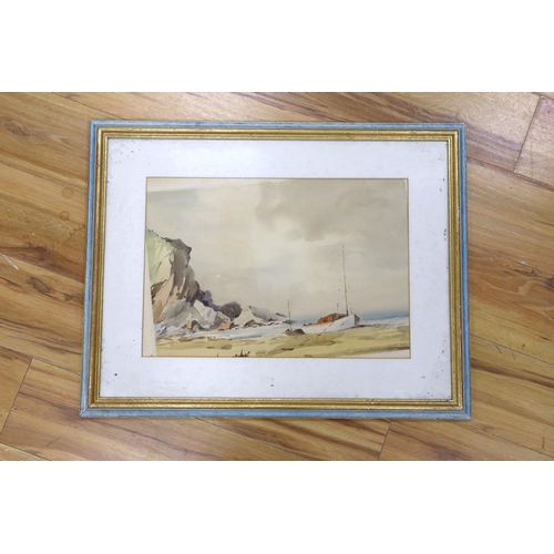 803 - Sydney Vale (1916-1991), watercolour, coastal view with beached fishing boat, signed, 33 x 49cm... 