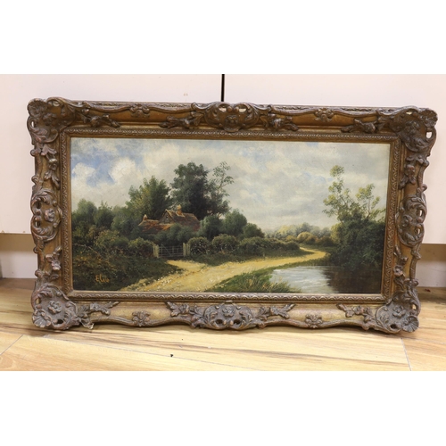 807 - E. Cole, oil on canvas, Cottage in a landscape, signed, 29 x 60cm