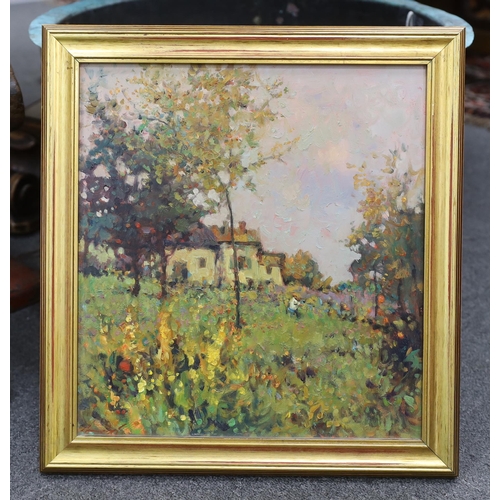 819 - Impressionist oil on board, landscape with cottage, indistinctly signed lower left, 34 x 32cm