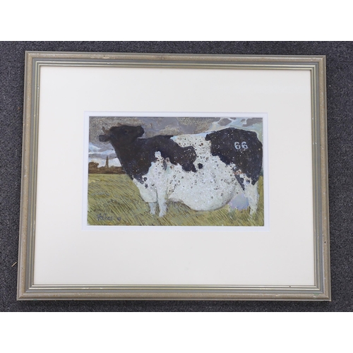 820 - Peter L Folkes (1923-2019), acrylic, 'The cow that didn't want to be 66', signed, details verso, 15.... 