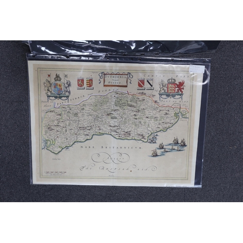 834 - Three unframed 17th century maps of Sussex; Richard Blome, 31 x 35cm, Robert Morden, 38 x 44cm and J... 